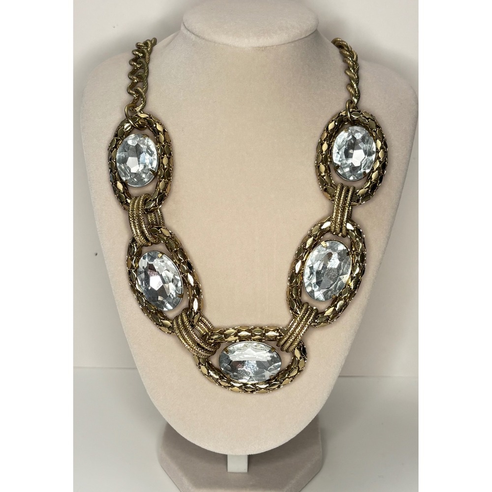 Vintage 1990s Glam Statement Necklace Large Oval Crystal Bib Toggle 23"